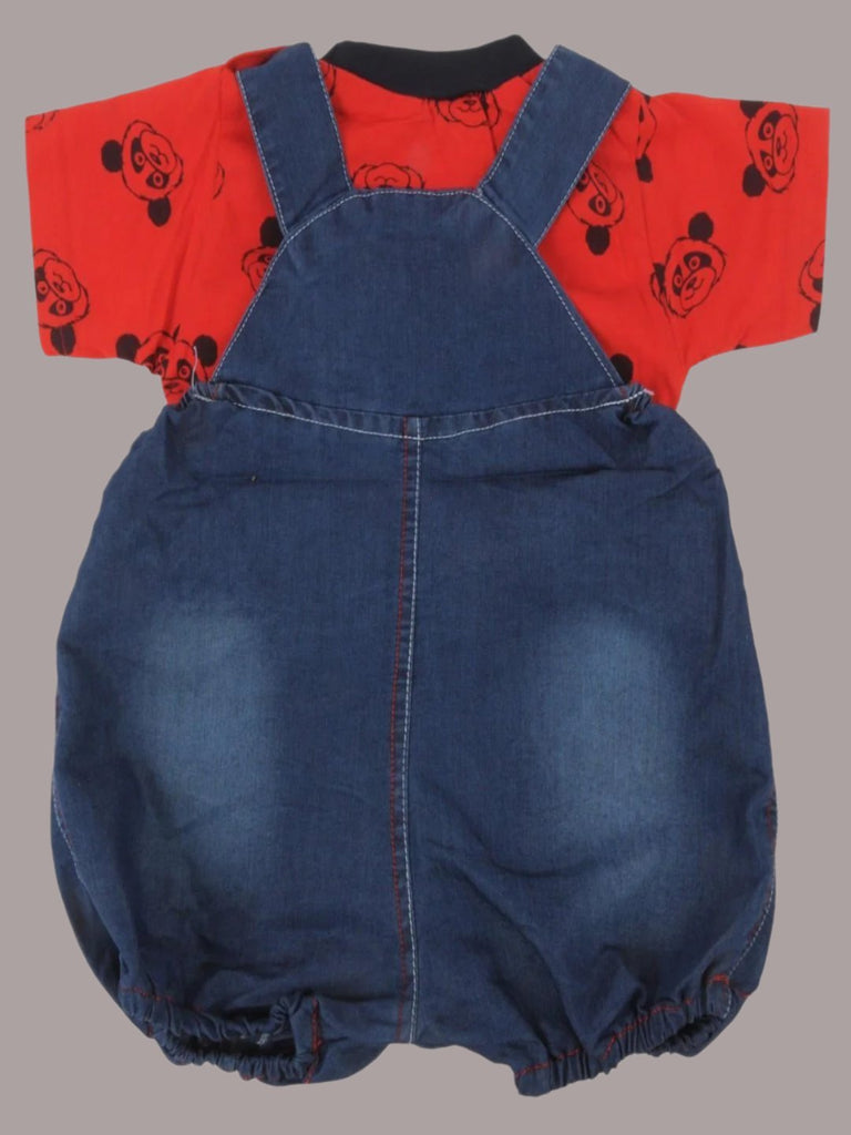 Back view of Jaybee Boy’s Denim Yellow Dungaree with playful bear and car design.