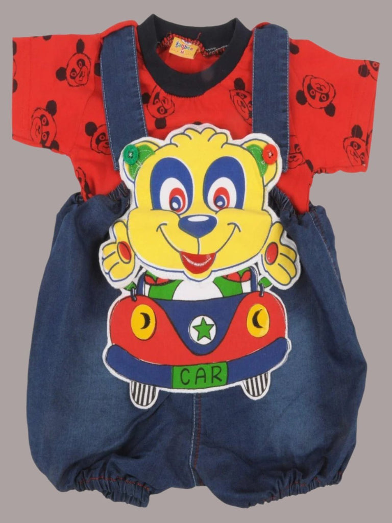 Creative view of Jaybee Boy’s Denim Yellow Dungaree with playful bear and car design.