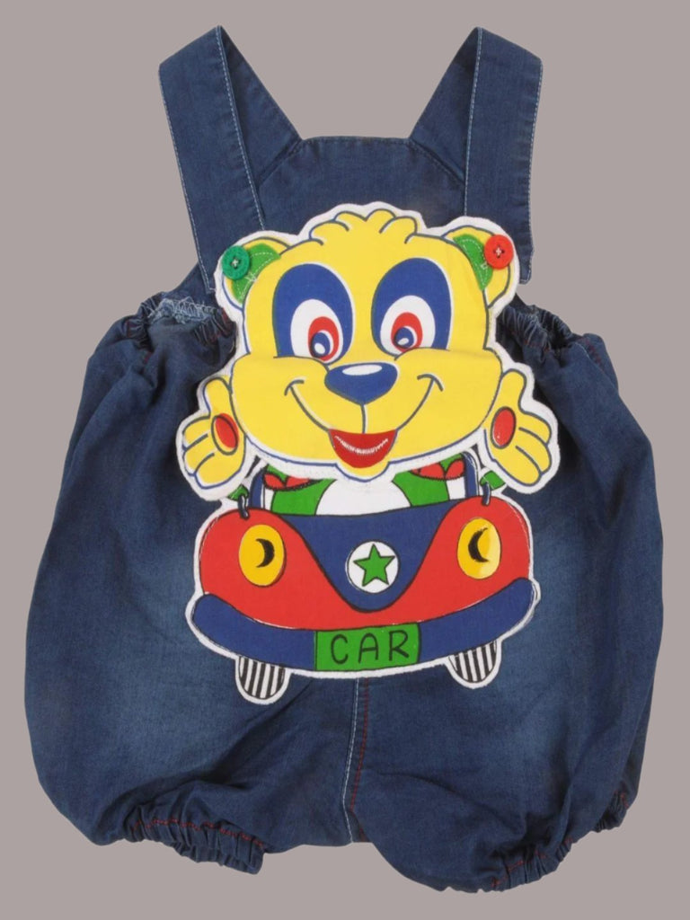 Front view of Jaybee Boy’s Denim Yellow Dungaree with bear and car design.