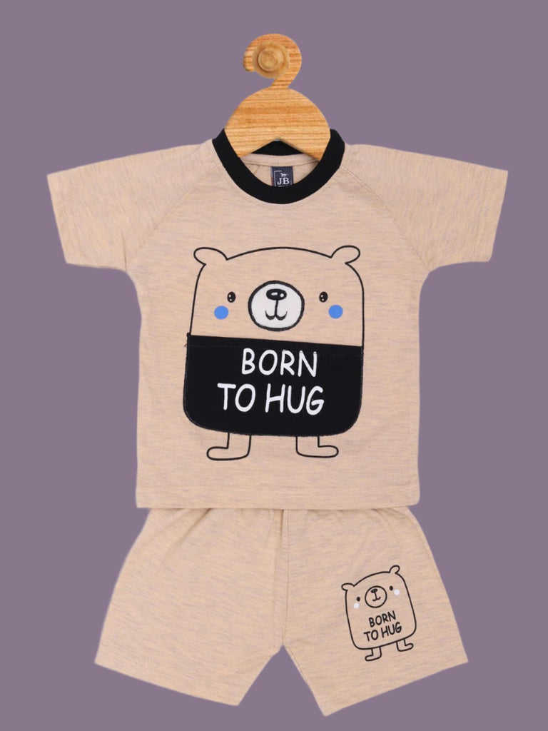  Front view of Boy’s Beige ‘Born to Hug’ Bear Graphic T-Shirt and Shorts Set featuring a cute bear graphic and round neck design.