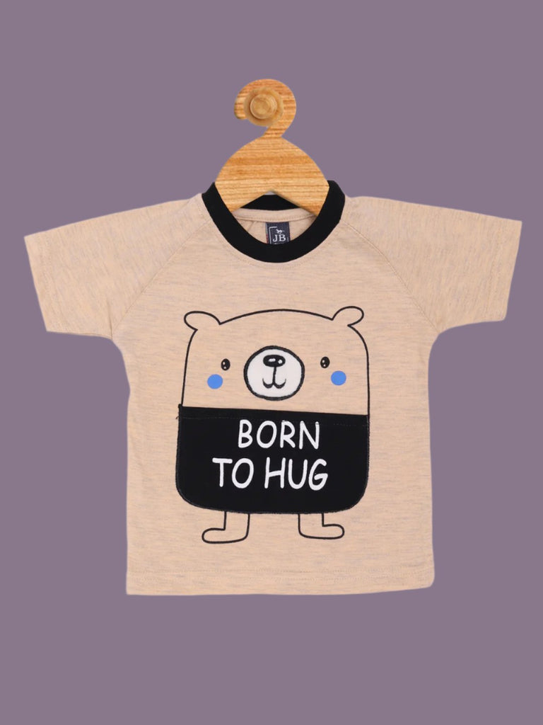 Full view of Boy’s Beige ‘Born to Hug’ Bear Graphic T-Shirt and Shorts Set showing the t-shirt and matching shorts.