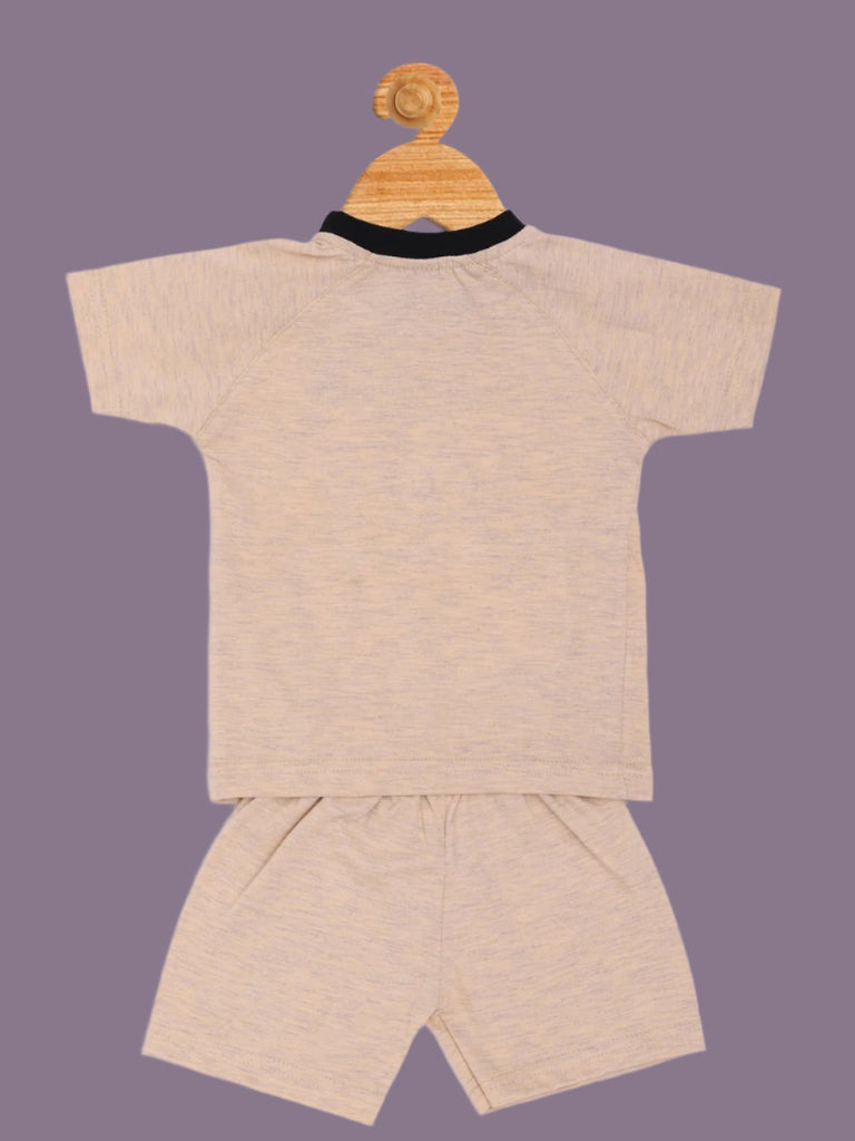 Back view of Boy’s Beige ‘Born to Hug’ Bear Graphic T-Shirt and Shorts Set showing the simple design of the t-shirt and shorts.