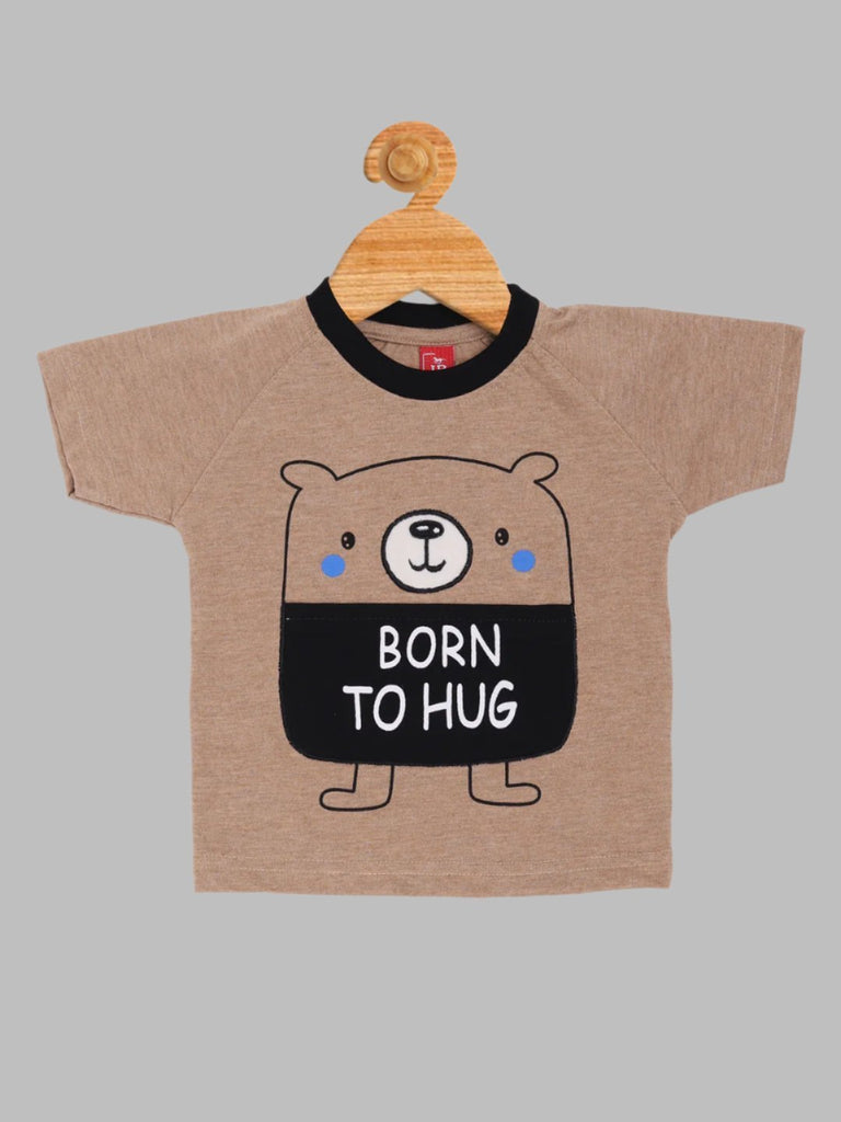 Front view of the T-Shirt in the Boy’s Brown ‘Born to Hug’ Bear Graphic T-Shirt and Shorts Set.