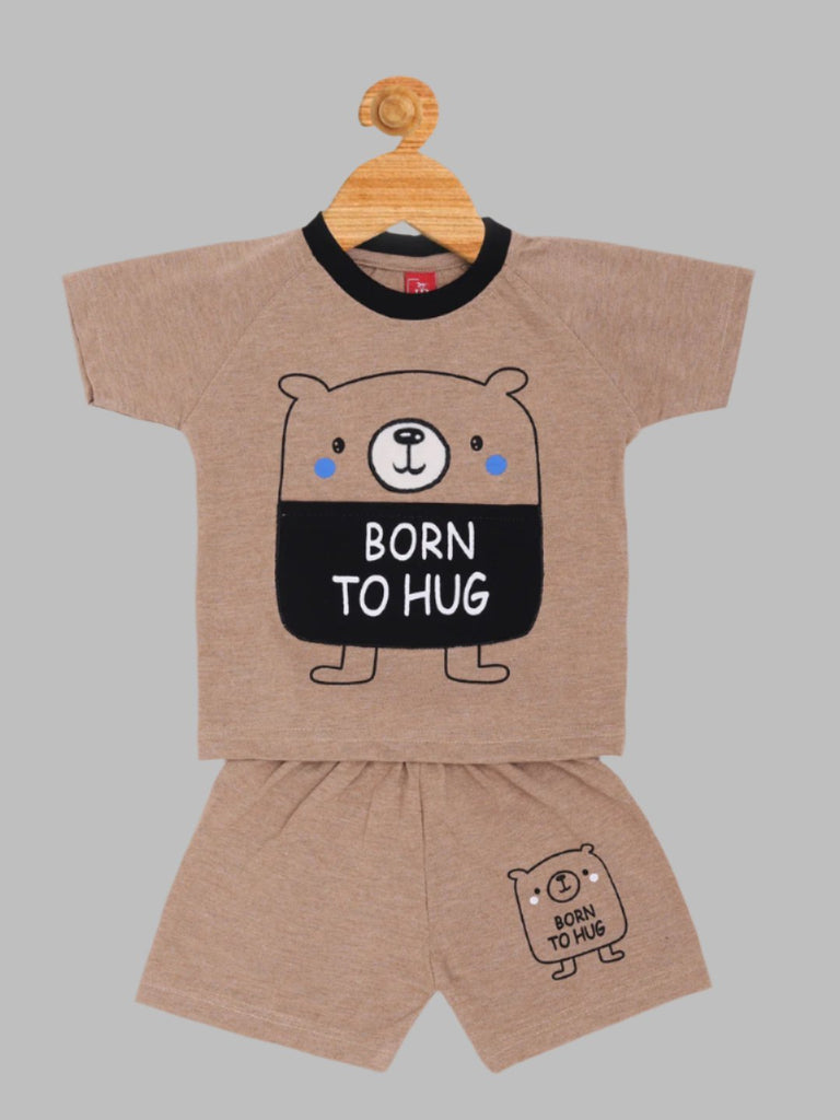 Full view of Boy’s Brown ‘Born to Hug’ Bear Graphic T-Shirt and Shorts Set.