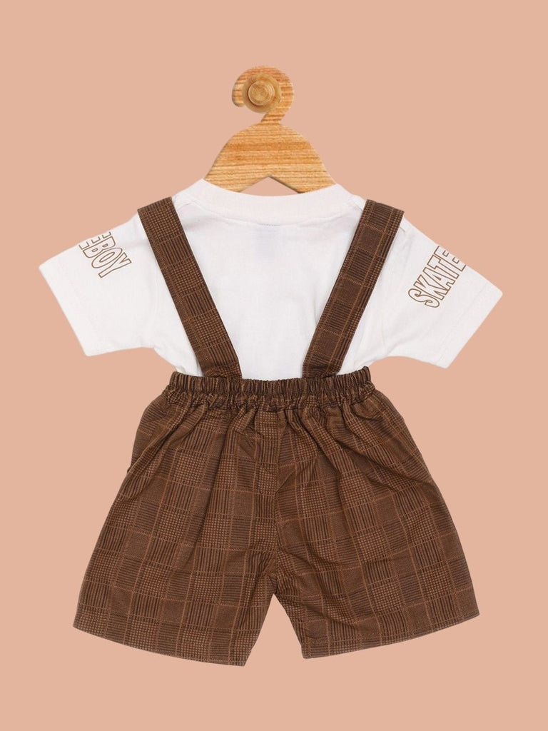 Back view of Jaybee Boy’s Plaid brown Suspender Shorts Set with adjustable suspenders