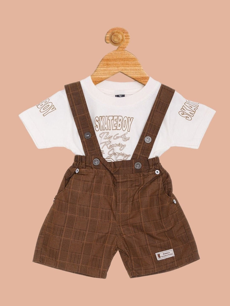 Full view of Jaybee Boy’s Plaid Suspender Shorts Set with ‘Skateboy’ Graphic T-Shirt