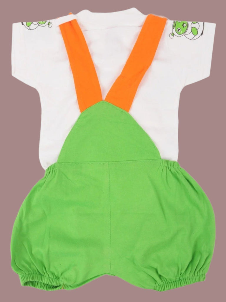 Back view of Jaybee Boy’s Cartoon Bunny Green Dungaree Set with orange straps and white t-shirt.