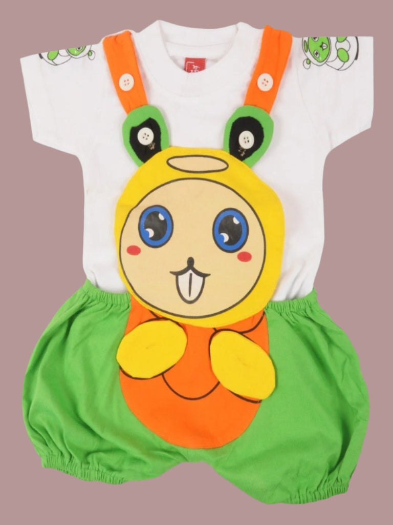 Full view of Jaybee Boy’s Cartoon Bunny Green Dungaree Set with adorable face design and matching white t-shirt.