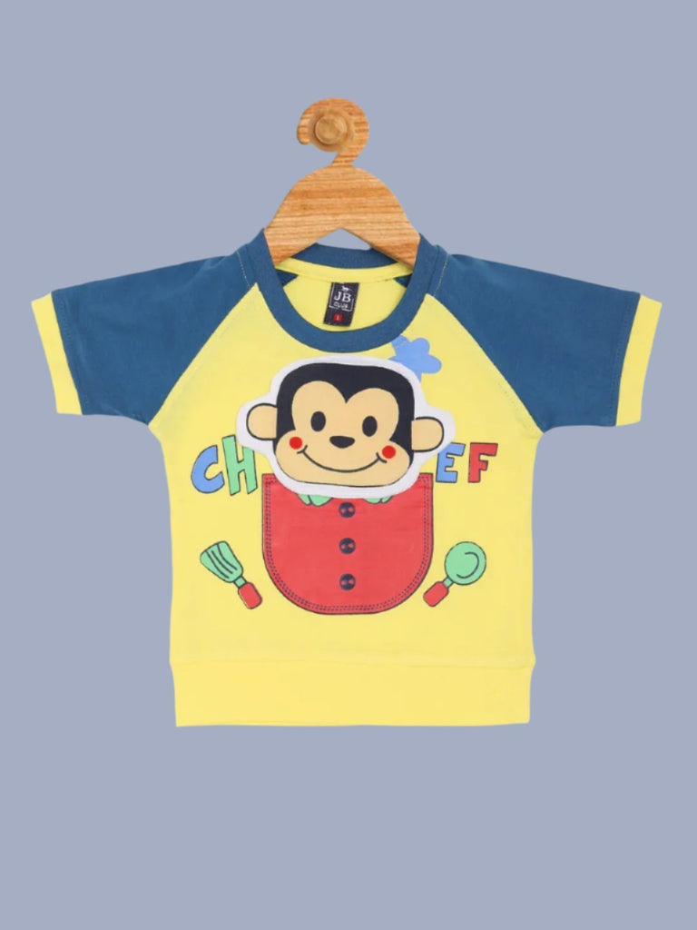 Front view of Boys’ Cartoon Chef Monkey T-Shirt and Shorts Set – Yellow and Blue Playful Outfit.