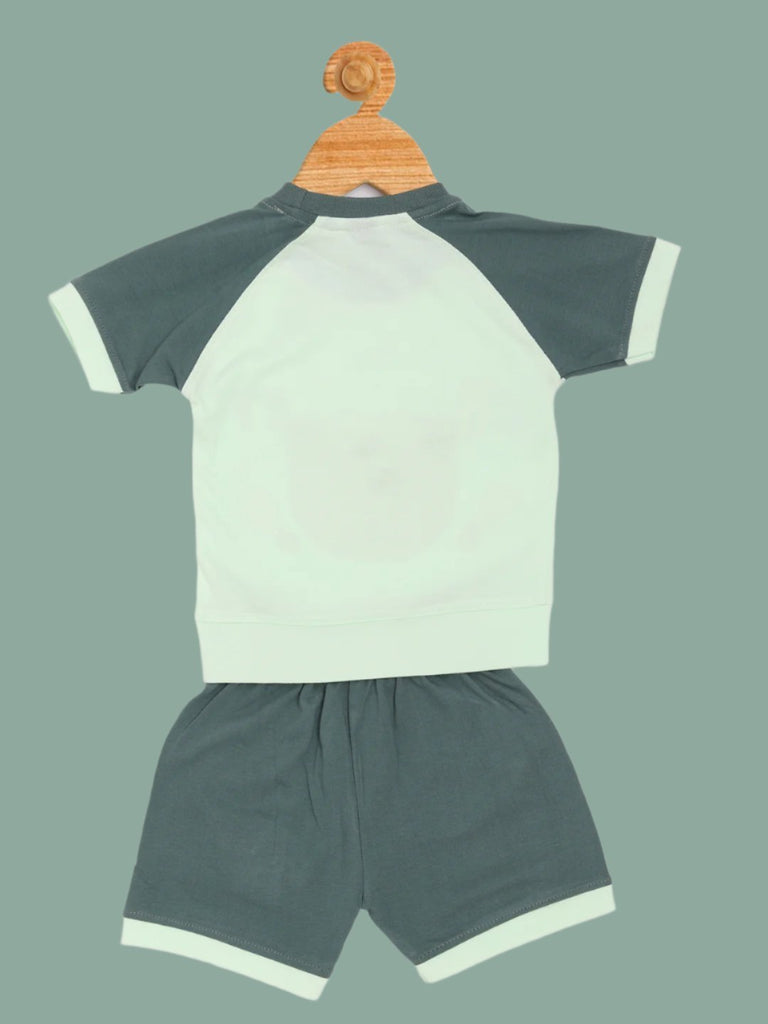 Back view of Boys’ Cartoon Chef Monkey T-Shirt and Shorts Set in Green and Mint.