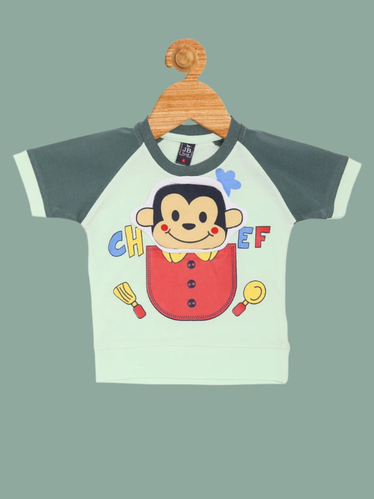 Front view of the Boys’ Cartoon Chef Monkey T-Shirt in Green and Mint.