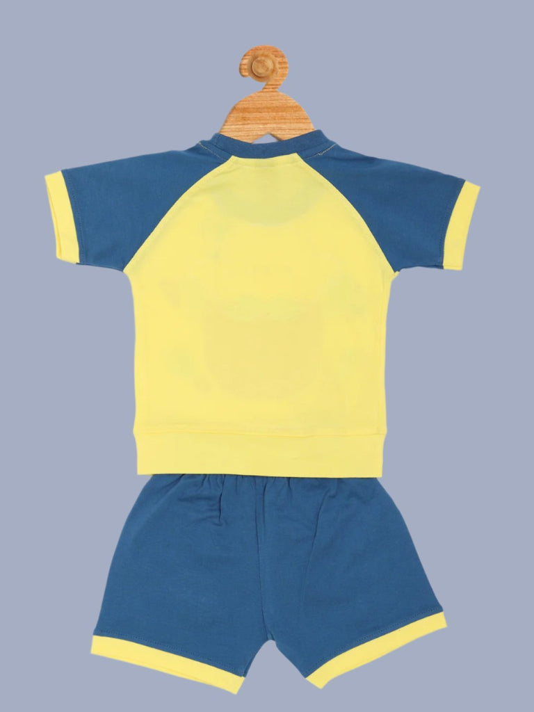 Back view of Boys’ Cartoon Chef Monkey T-Shirt and Shorts Set – Yellow and Blue Playful Outfit.