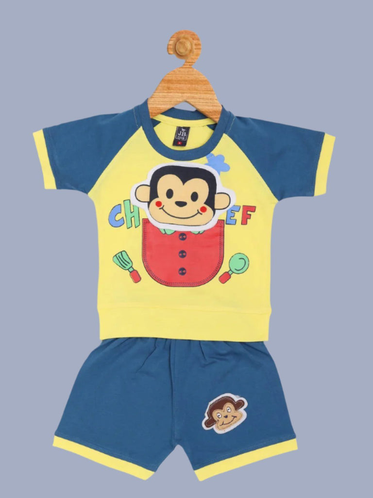 Full view of Boys’ Cartoon Chef Monkey T-Shirt and Shorts Set – Yellow and Blue Playful Outfit.