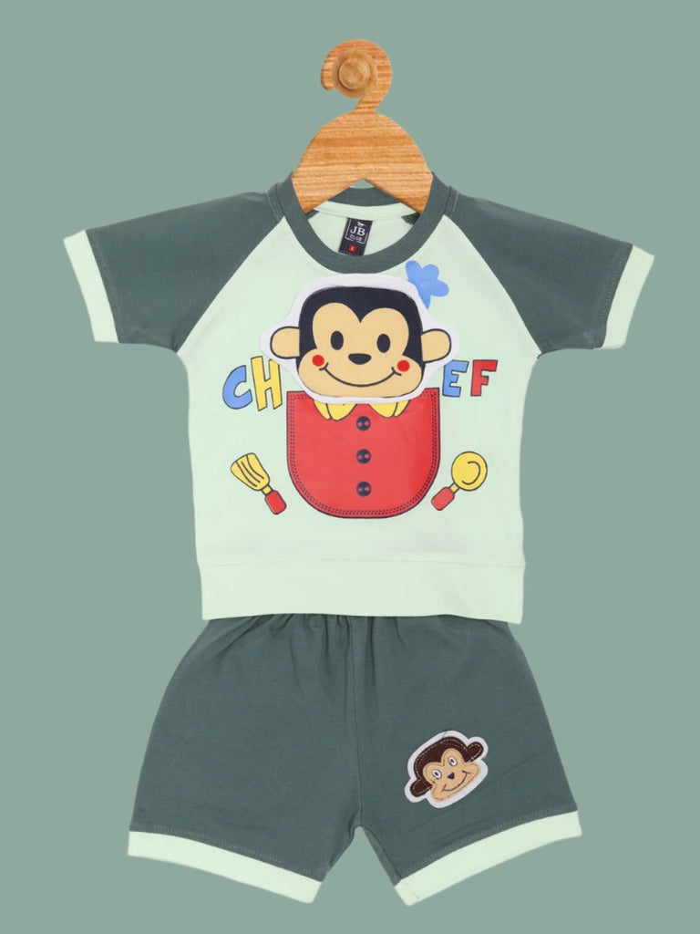 Front view of Boys’ Cartoon Chef Monkey T-Shirt and Shorts Set in Green and Mint.