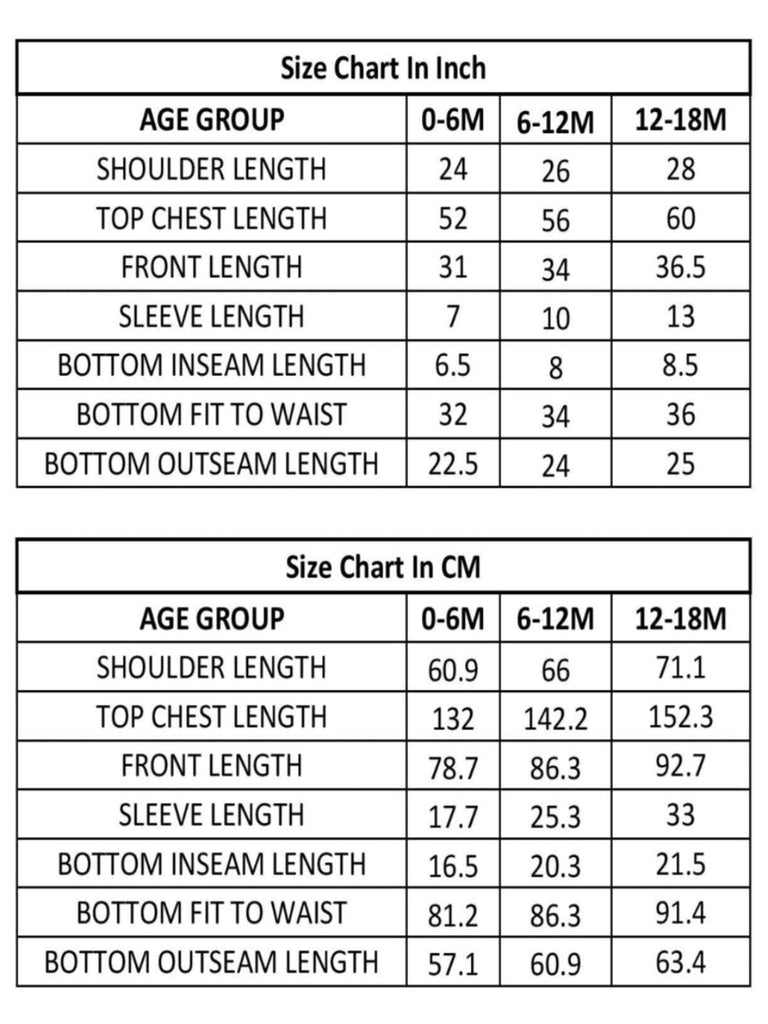 size chart for casual set 