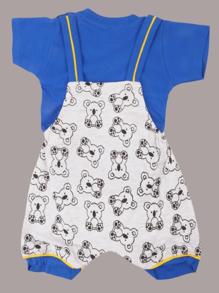 back view of Jaybee Boy’s Carton Koala Overalls Set with Blue T-shirt and BEAR Pocket Design.