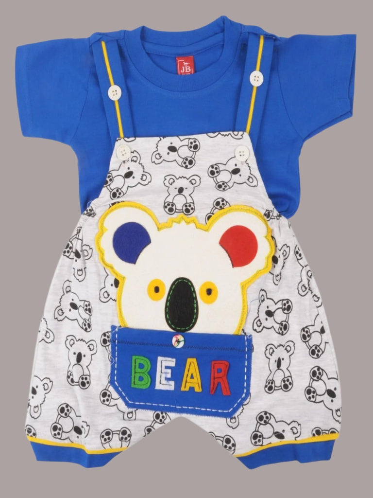 Full view of Jaybee Boy’s Cartoon Koala Overalls Set with Blue T-shirt and BEAR Pocket Design.