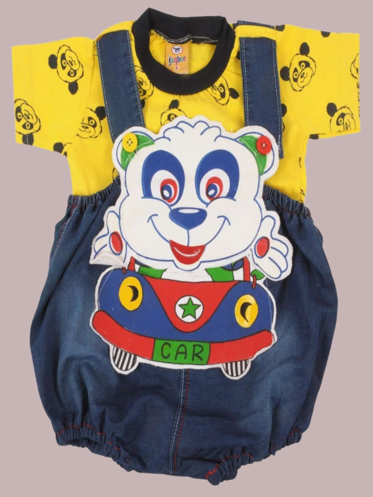 Creative view of Jaybee Boy’s Denim Yellow Dungaree with playful bear and car design.