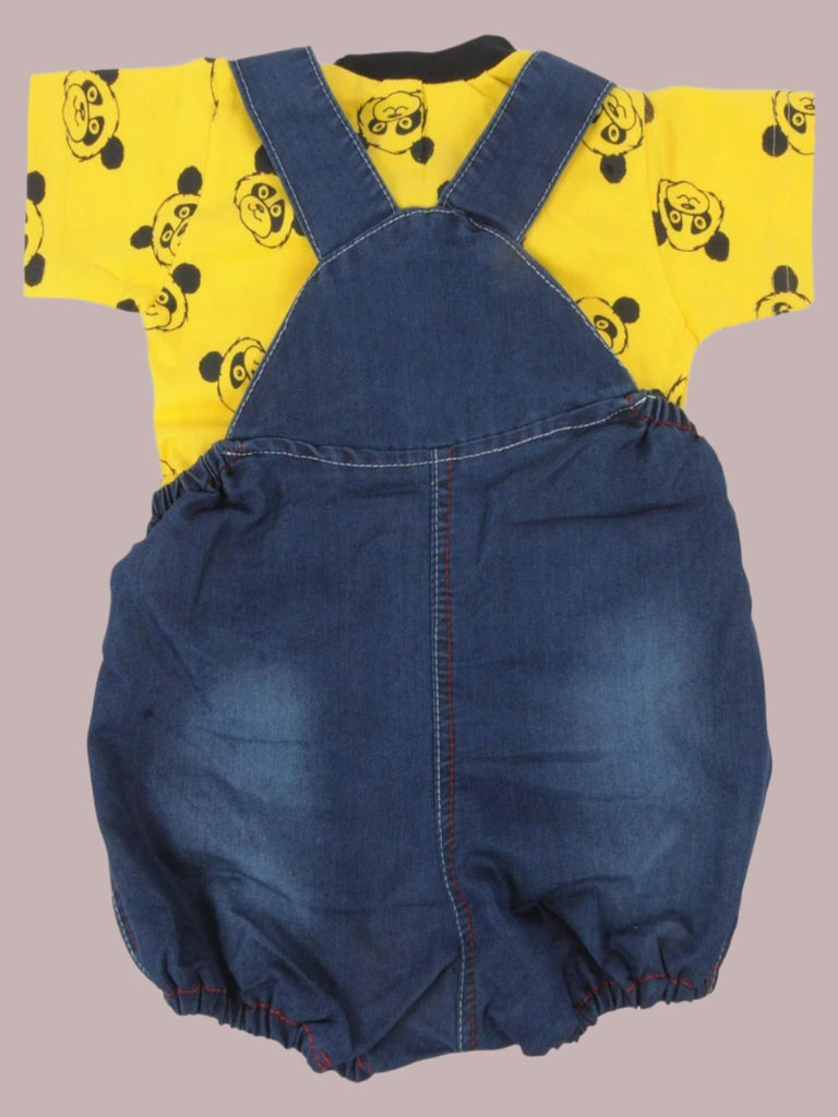 Back view of Jaybee Boy’s Denim Yellow Dungaree with playful bear and car design.