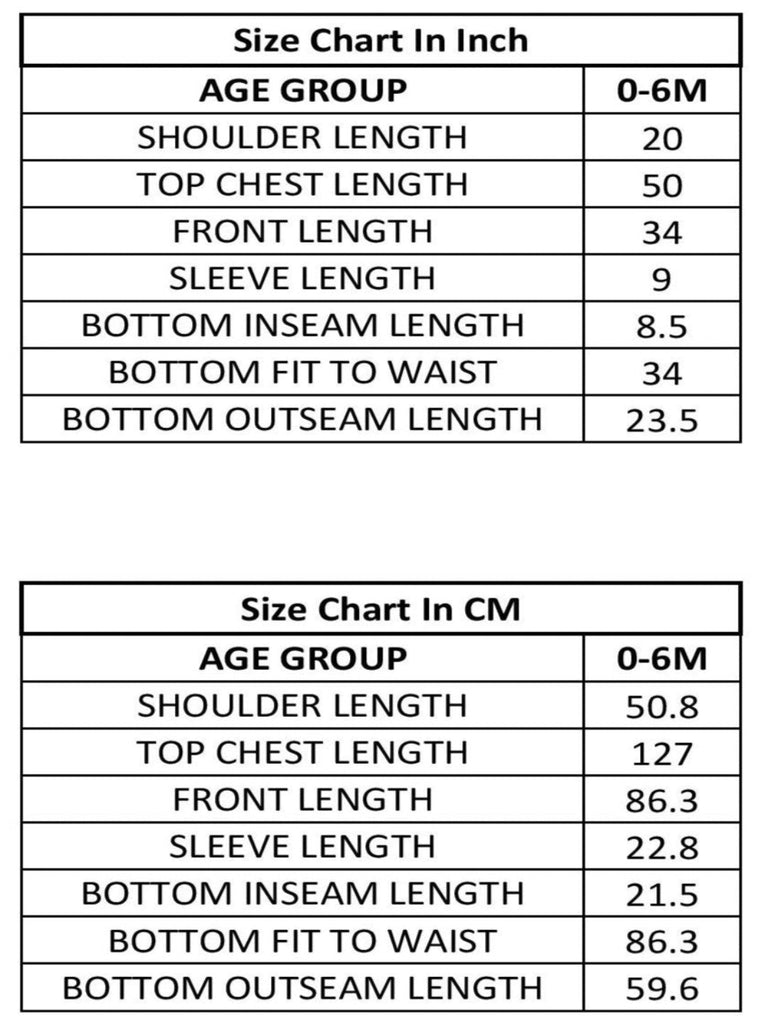 size chart for 0-6M baby cloths