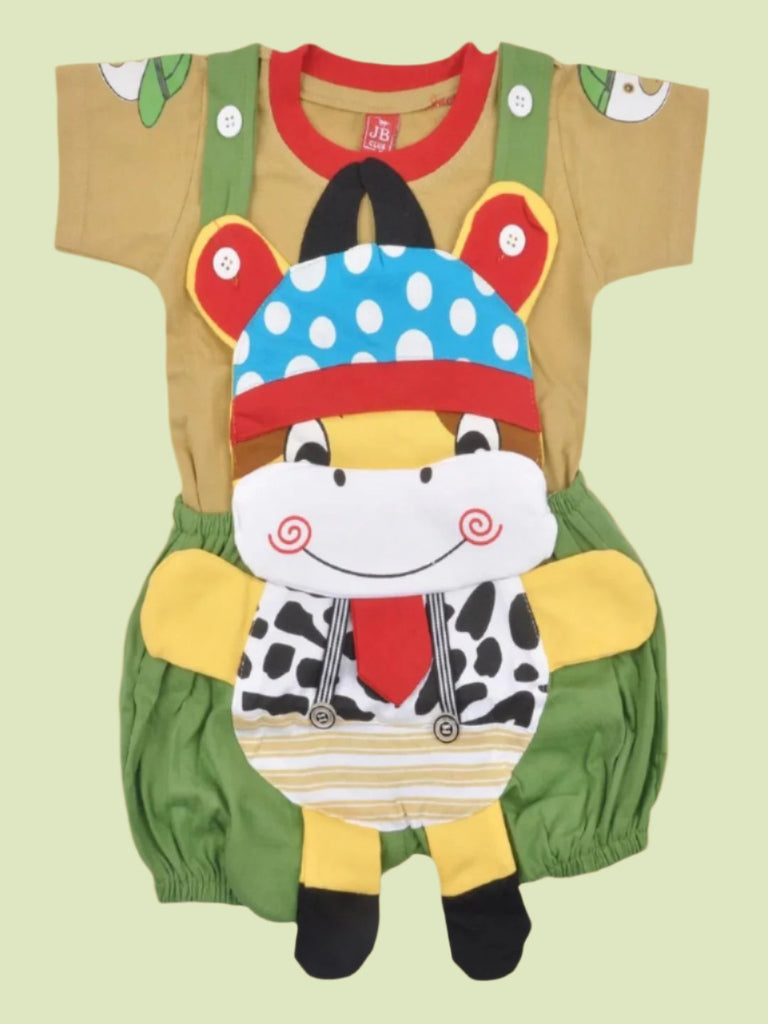 Front view of Jaybee Boy’s Giraffe Overalls with Polka Dot Hat and Beige T-Shirt.