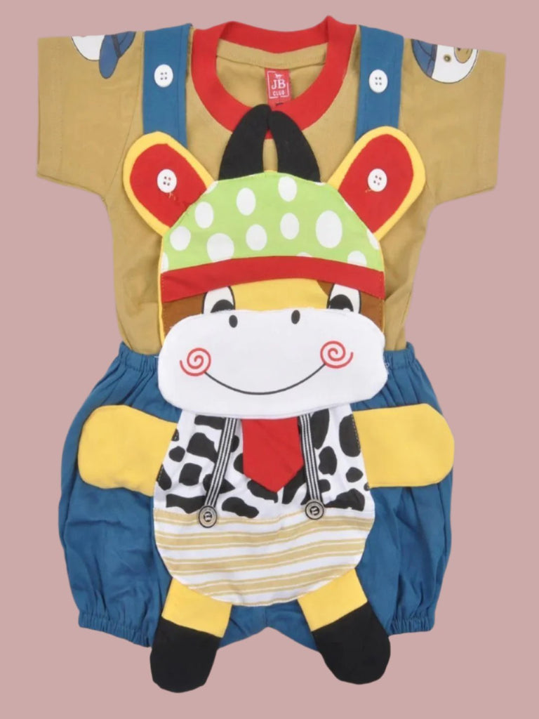 creative view of Boys Giraffe Romper with Polka Dot Hat and beige T-shirt.