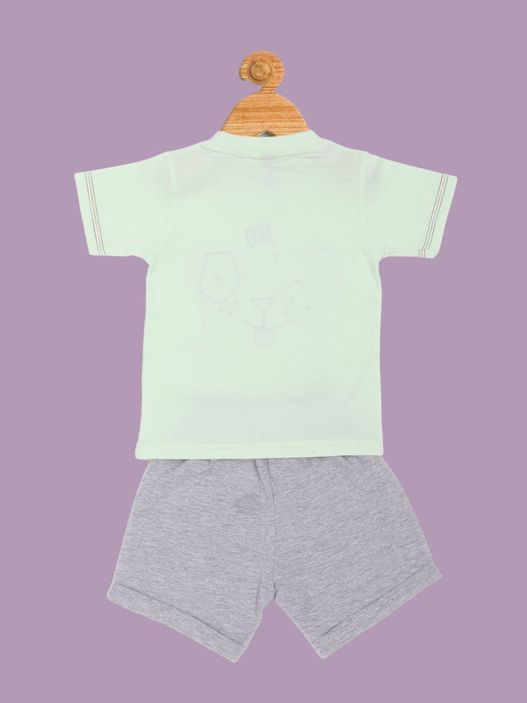 Back view of Jaybee boy’s light green dog face t-shirt and grey shorts set.