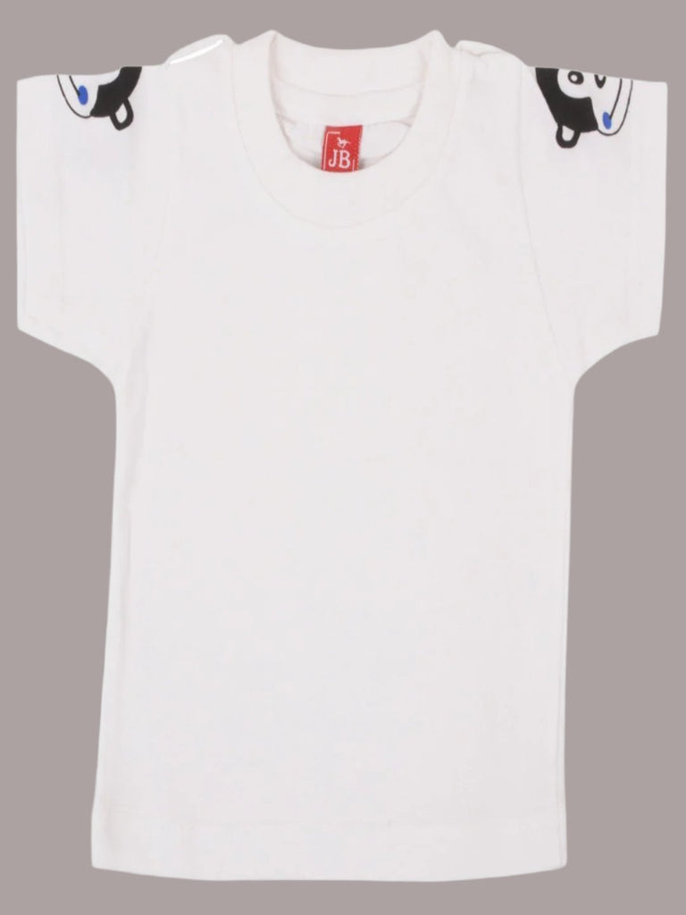 White T-Shirt view from Jaybee Boy’s Monkey Face Dungaree Set with Playful Car Design.