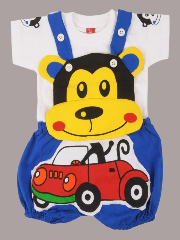 Full view of Jaybee Boy’s Monkey Face Dungaree Set with Playful Car Design and White T-Shirt.