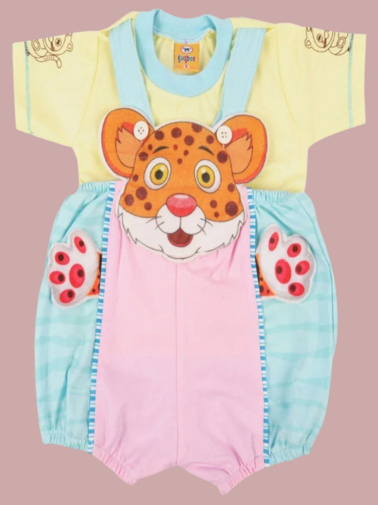 Full view of Jaybee Boy’s Pink and Blue Leopard dungaree with Cute Paw and Animal Face