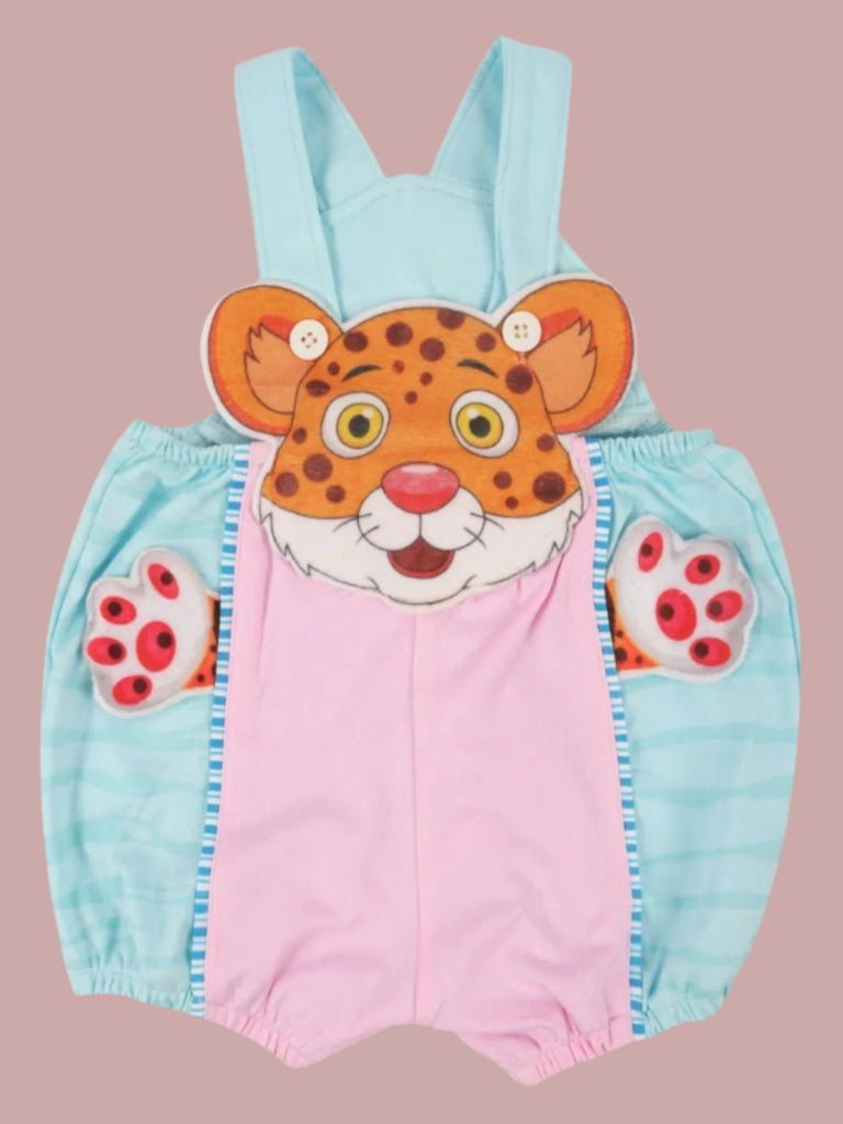 Front view of Jaybee Boy’s Pink and Blue Leopard Dungaree with Animal Face