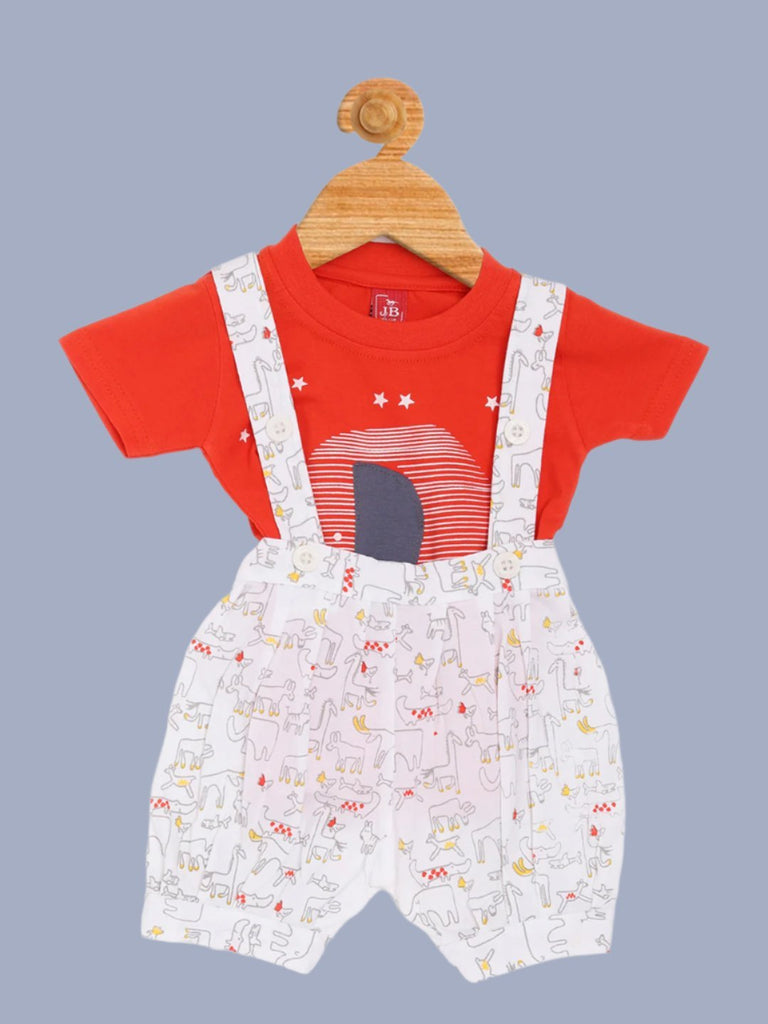 Boy's Red TShirt and Animal Print Suspender Shorts Set full view