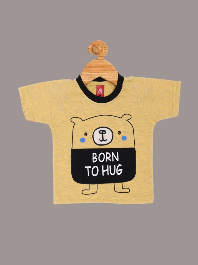 Front view of Boy’s Yellow ‘Born to Hug’ Bear Graphic T-Shirt highlighting the adorable bear graphic and round neck design.