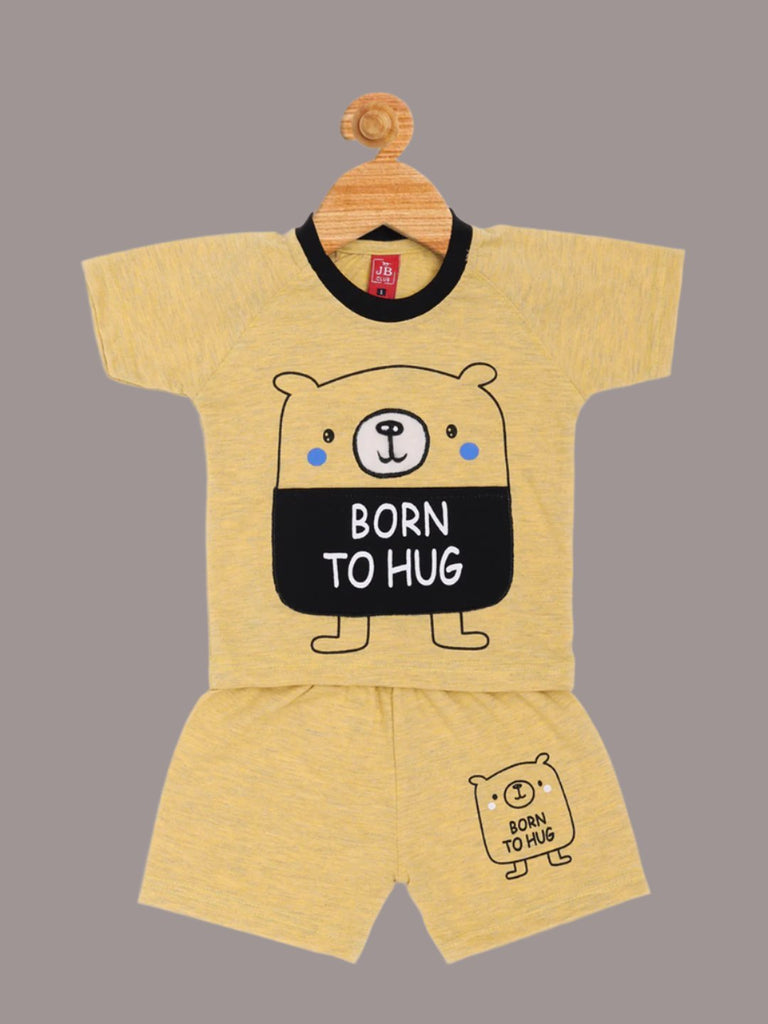 Full view of Boy’s Yellow ‘Born to Hug’ Bear Graphic T-Shirt and Shorts Set featuring a fun bear graphic and matching shorts.