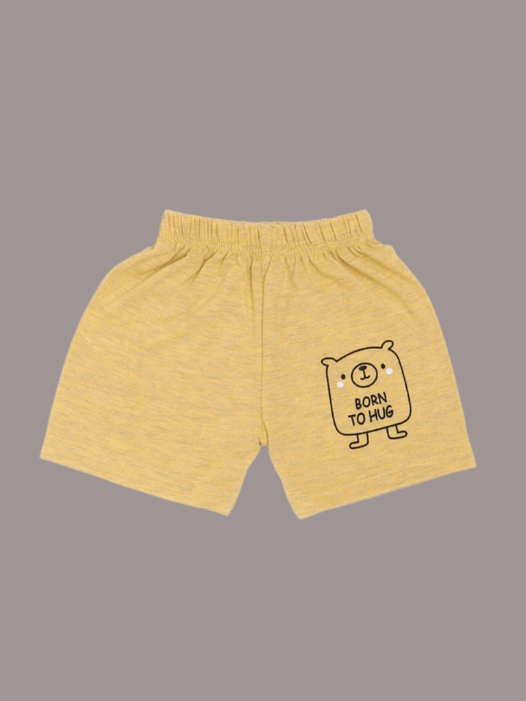 Back View of the yellow shorts from the Boy’s Yellow ‘Born to Hug’ Bear Graphic T-Shirt and Shorts Set, featuring a small matching bear graphic on the leg.