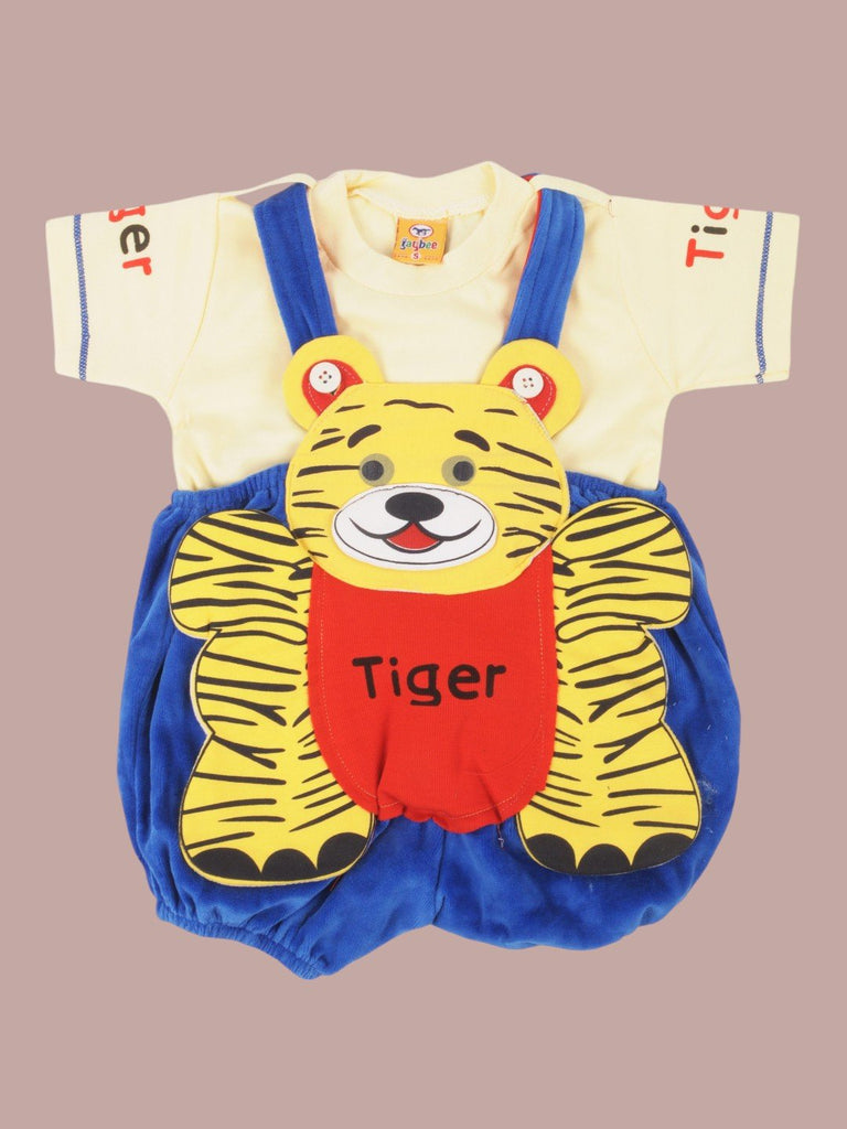 Creative view of Jaybee Cute Tiger Design Blue Dungaree and Yellow T-Shirt for Boys.