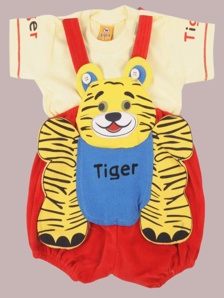 Full view of Jaybee Cute Tiger Design Red Dungaree and Yellow T-Shirt for Boys.