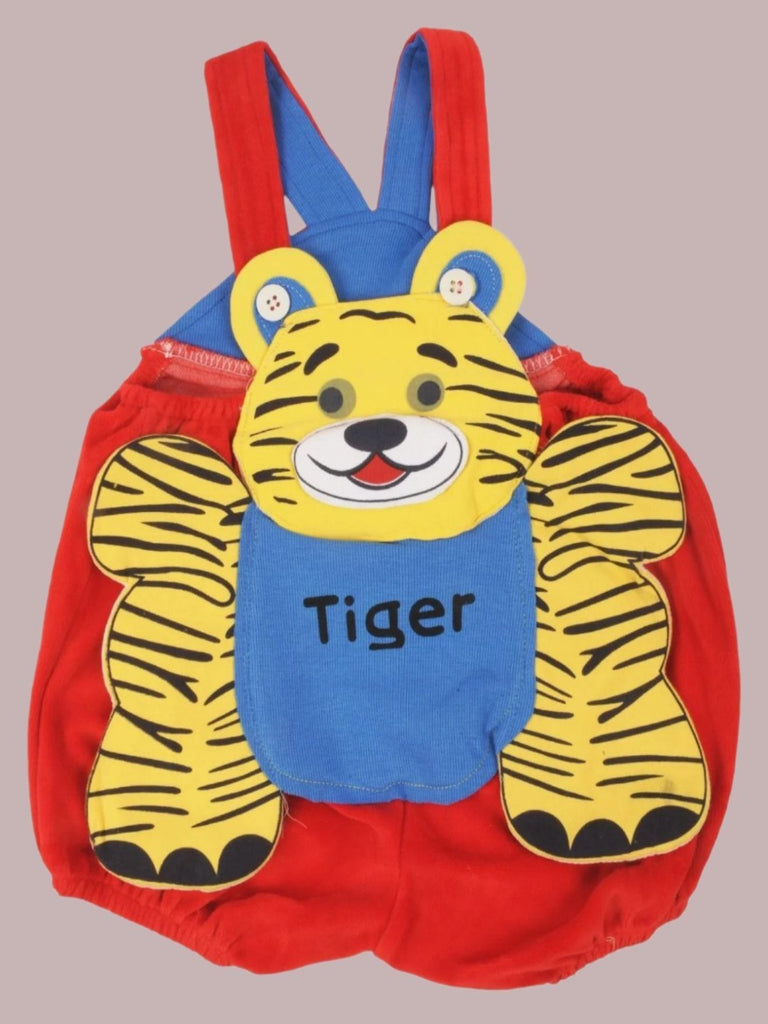 Front view of Jaybee Cute Tiger Design Red Dungaree with tiger print for Boys.