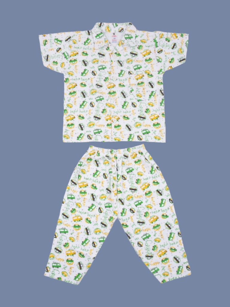 BoysGreenandYellowCarPrintShirtandPajamaSetfrontview