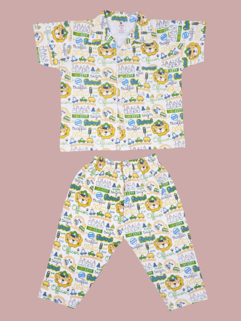 Boys Vibrant Lion Patrol Officer Print Shirt and Pant Set front view.