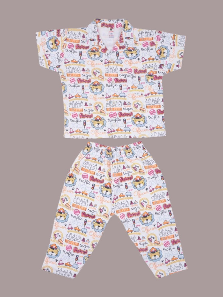 Boys Playful Patrol Officer Lion Print Shirt and Pant Set front view.