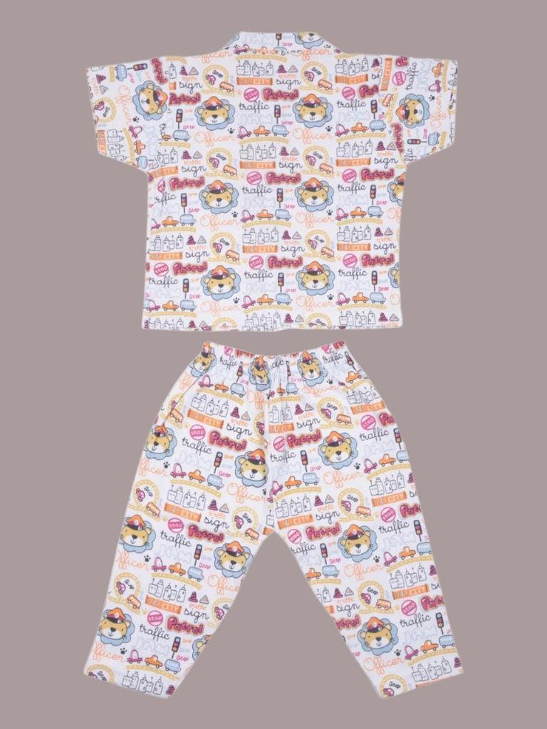 Boys Playful Patrol Officer Lion Print Shirt and Pant Set front view.