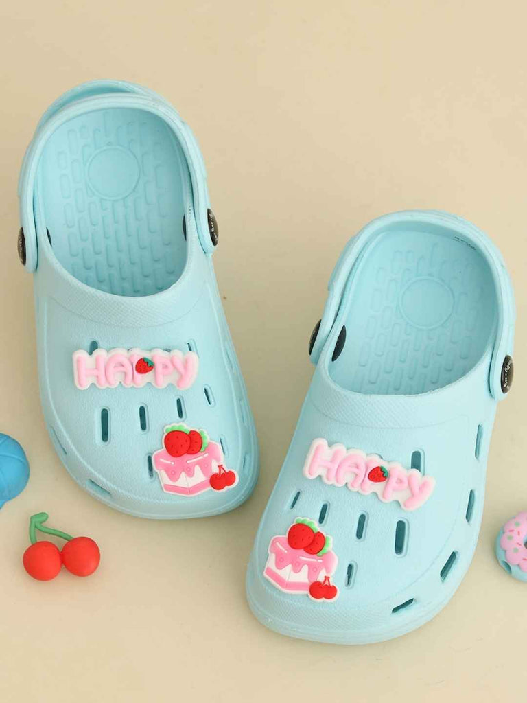 Joyful Blue Clogs with “Happy” & Cherry Cake Charms for Girls-Creative View
