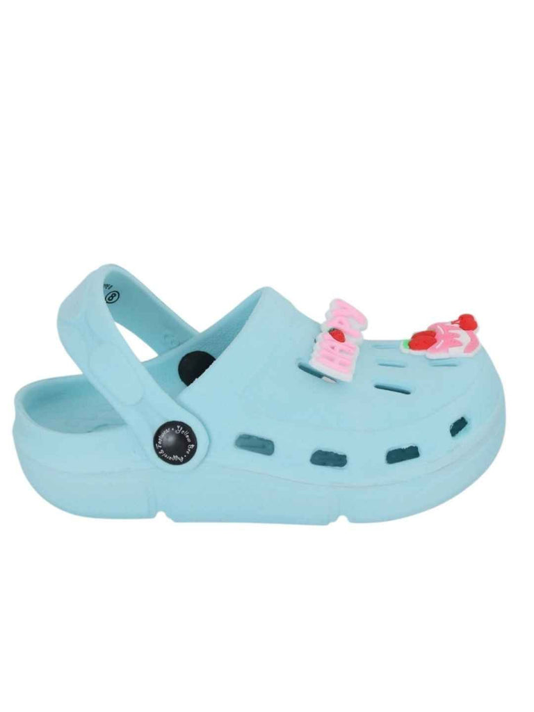 Joyful Blue Clogs with “Happy” & Cherry Cake Charms for Girls-Side View