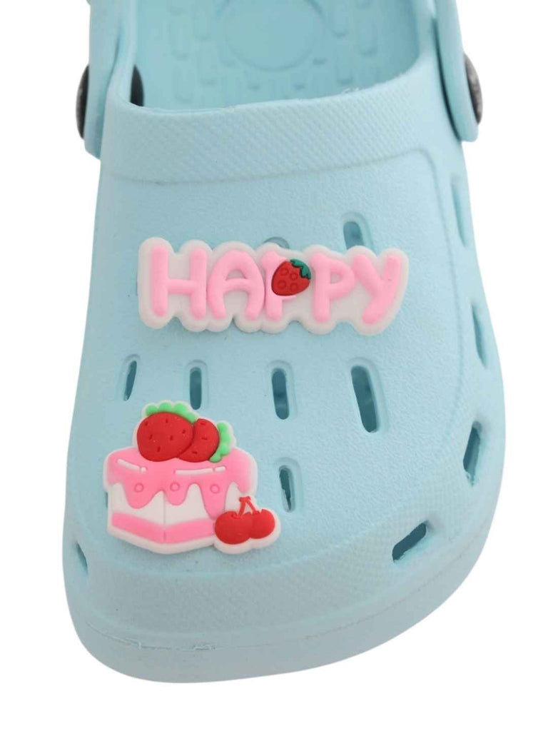 Joyful Blue Clogs with “Happy” & Cherry Cake Charms for Girls-Front View