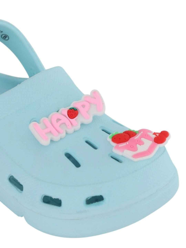 Joyful Blue Clogs with “Happy” & Cherry Cake Charms for Girls-Close up view