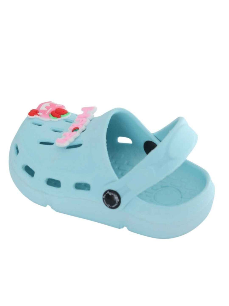 Joyful Blue Clogs with “Happy” & Cherry Cake Charms for Girls-Back View