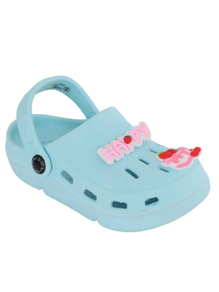 Joyful Blue Clogs with “Happy” & Cherry Cake Charms for Girls-Angle View