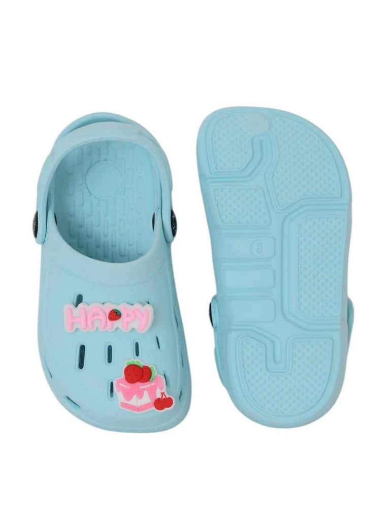 Joyful Blue Clogs with “Happy” & Cherry Cake Charms for Girls-Front & Back View