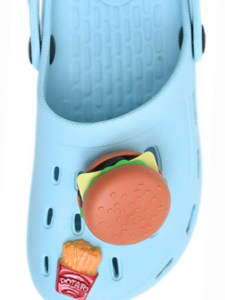 Joyful_Clogs_with_3D_Burger_Fries_Chocolate_Charms_for_Boys-_Blue_-_ Front Close Up View